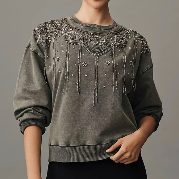 Anthropologie, New Pilcro Embellished Beaded Graphic Gray Sweatshirt SZ Large - Picture 1 of 16